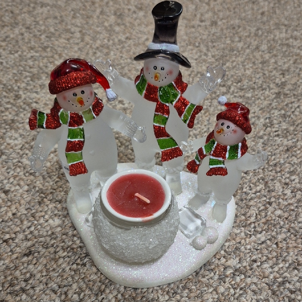 Festive Snowman Candle Holder with Red And White Sparkle Accents